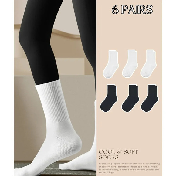 3-6 Pack Womens 6 Pairs Black/white  Crew Calf Lightweight Thin Socks Size 6-11 - Picture 4 of 5